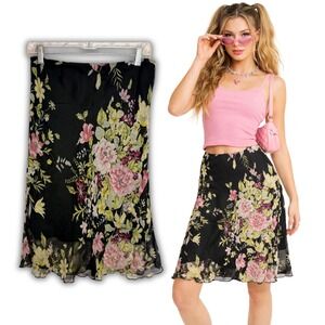 Tabloid Vintage Y2K Black Pink Floral Mesh Lettuce Edge Midi Skirt Medium 90s